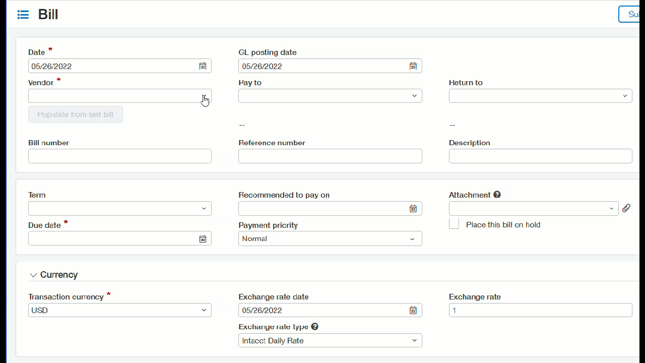 The page for adding a new bill.