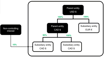 A company with a parent entity in USD that wholly owns two subsidiary entities, one operating in CAD and the other in EUR. The entity that operates in CAD owns two subsidiary entities, one owned 100% and the other owned 90%. Both subsidiary entities operate in CAD. A third party has a non-controlling interest of 10% in the subsidiary entity that runs in CAD and is owned 90% by its parent.