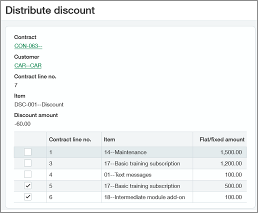 Distribute discount dialog shows contract lines 1, 3, 4, 5, 6 as they have positive flat/fixed amounts. Lines 5 and 6 are selected. 