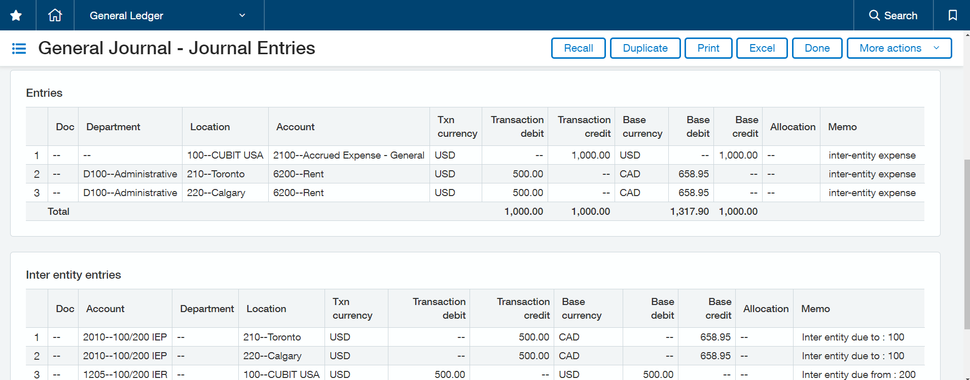 GL journal entry showing an auto-balanced inter-entity transaction.