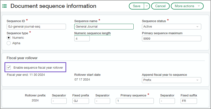Document sequence information page with Enable sequence fiscal year rollover checkbox selected.