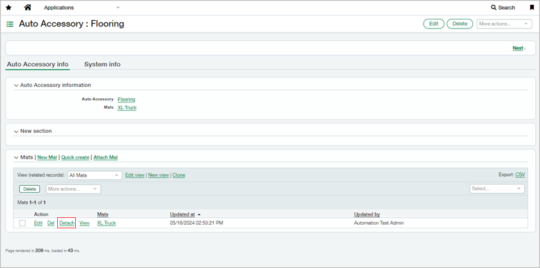 Highlighted Detach option in the related list of a custom object.