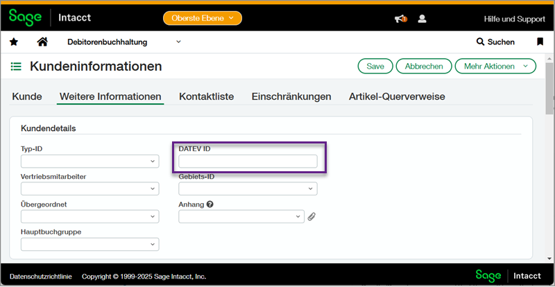 Screenshot of the German language customer additional information page with DATEV ID field in a callout box.
