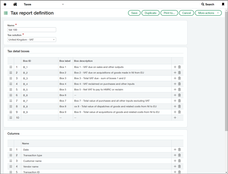 Screenshot of tax report definition page with sample definitions for VAT 100 for the United Kingdom - VAT tax solution.