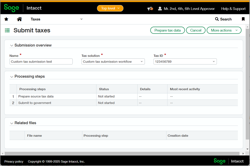 Screenshot of the Submit taxes page for a custom tax solution with a User-submitted submission process.