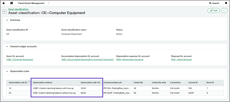 Asset classification page showing the Custom declining depreciation balance method selected and Deprecaition rate field.