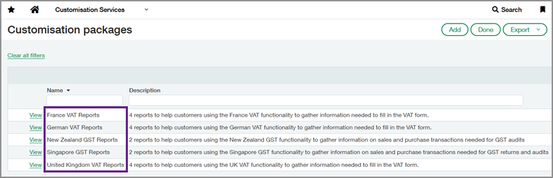 Screenshot of the Customization packages page with a highlight box around five new report packages for France VAT Reports, Germany VAT Reports, New Zealand GST Reports, Singapore GST Reports, and United Kingdom VAT Reports.