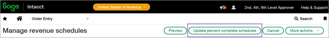 Manage revenue schedules page with the Update percent complete schedules button highlighted.