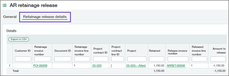 AR Retainage release page showing Retainage release details tab