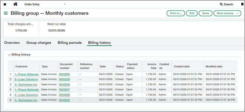 Billing history tab of a billing group.