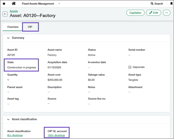 Asset in the CIP state showing CIP tab and CIP GL account field.